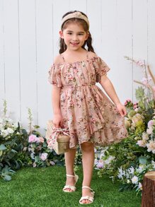 SHEIN Young Girl Floral Print Cold Shoulder Ruffle Trim Wrap Dress,Holiday,Summer,Travel - Dusty Pink - View 6