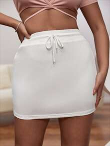 Falda ajustada de cintura con cordón tejido de canalé - Blanco - Ver 4