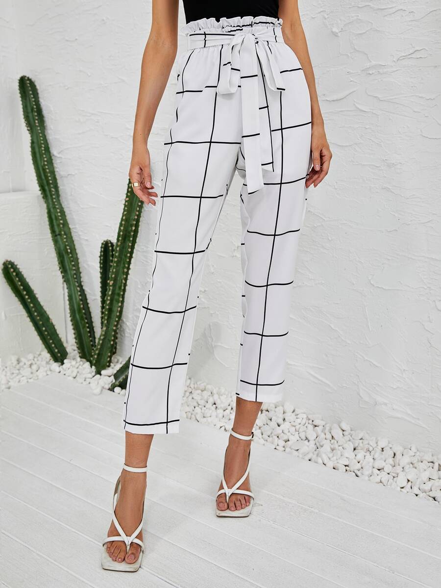 Quần nữ Thắt lưng Quần paper-bag Sọc ca rô Giải trí - trắng - Xem 1