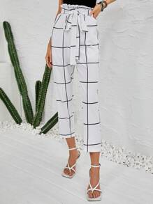 Quần nữ Thắt lưng Quần paper-bag Sọc ca rô Giải trí - trắng - Xem 3