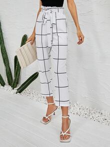 Quần nữ Thắt lưng Quần paper-bag Sọc ca rô Giải trí - trắng - Xem 4