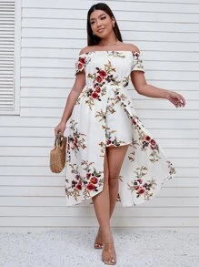 SHEIN Clasi 大碼印花一字肩覆蓋連身短褲 - 白色 - 查看 1