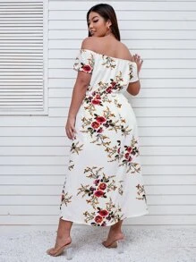 SHEIN Clasi 大碼印花一字肩覆蓋連身短褲 - 白色 - 查看 2