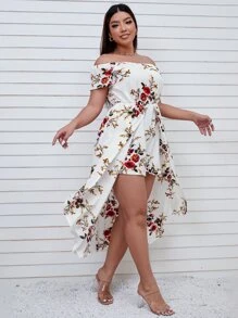 SHEIN Clasi 大碼印花一字肩覆蓋連身短褲 - 白色 - 查看 3