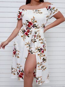 SHEIN Clasi 大碼印花一字肩覆蓋連身短褲 - 白色 - 查看 4