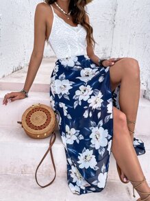 SHEIN Holidaya Contrast Lace Floral Print Tulip Hem Cami Dress - Blue and White - View 1