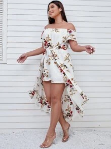 SHEIN Clasi 大碼印花一字肩覆蓋連身短褲 - 白色 - 查看 5