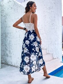 SHEIN Holidaya Contrast Lace Floral Print Tulip Hem Cami Dress - Blue and White - View 2