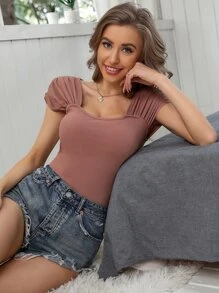 SHEIN Privé Camiseta tejida de canalé unicolor - Rosa vieja - Ver 1