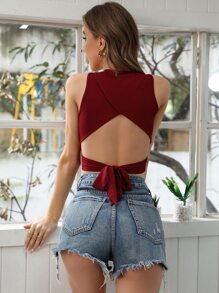 SHEIN Essnce Áo hai dây Cắt ra Buộc lại Gân đan màu trơn Gợi cảm - Màu Đỏ Sâu - Xem 2