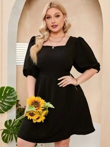 Celure Đầm Plus Size Lộ Lưng Ren lên màu trơn Gợi cảm - màu đen - Xem 3