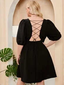 Celure Đầm Plus Size Lộ Lưng Ren lên màu trơn Gợi cảm - màu đen - Xem 1