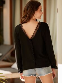 素色蕾絲拼接襯衫 - 黑色 - 查看 1