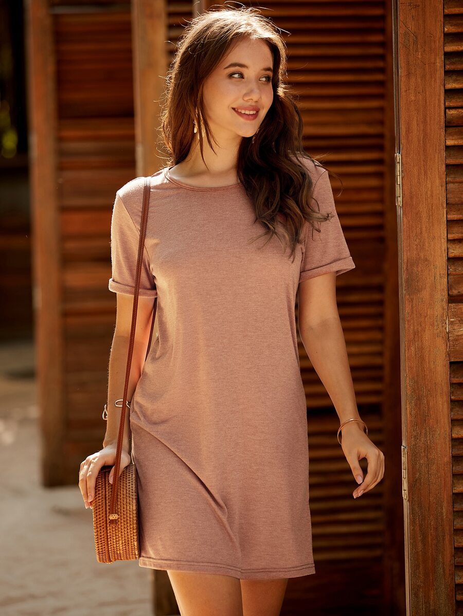 SHEIN LUNE 素色捲邊袖T恤連衣裙 - 棕色 - 查看 1