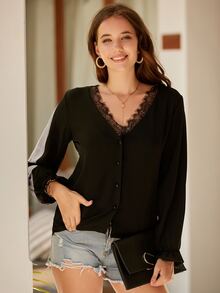 素色蕾絲拼接襯衫 - 黑色 - 查看 3