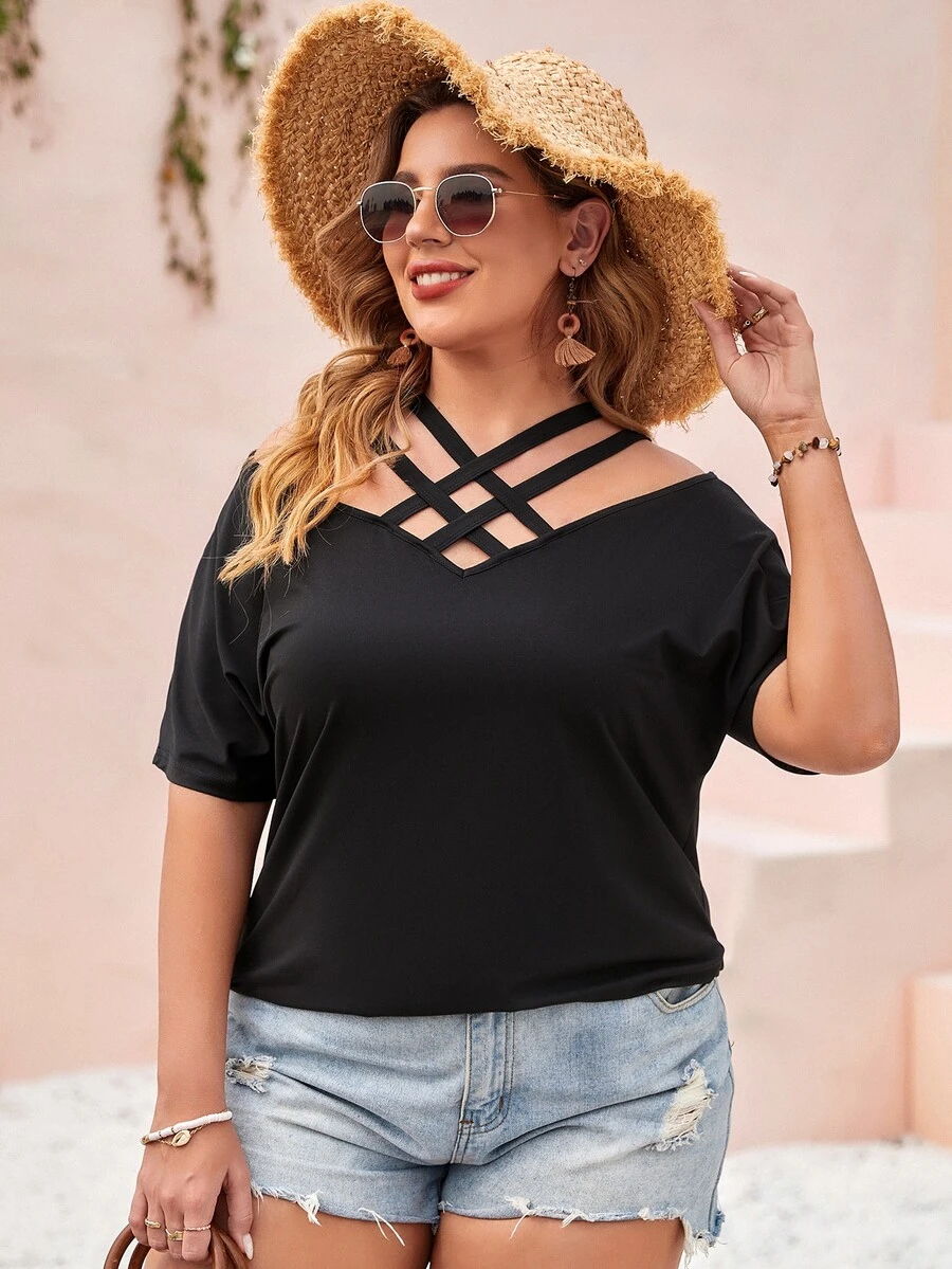 Áo thun Plus size Hội Chữ thập màu trơn Giải trí - màu đen - Xem 1
