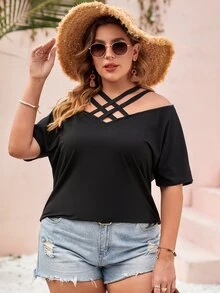 Áo thun Plus size Hội Chữ thập màu trơn Giải trí - màu đen - Xem 3