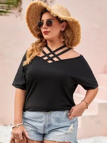 Áo thun Plus size Hội Chữ thập màu trơn Giải trí - màu đen - Xem 4