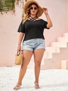 Áo thun Plus size Hội Chữ thập màu trơn Giải trí - màu đen - Xem 5