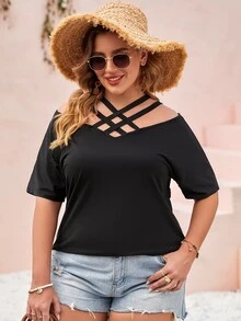 Áo thun Plus size Hội Chữ thập màu trơn Giải trí - màu đen - Xem 6