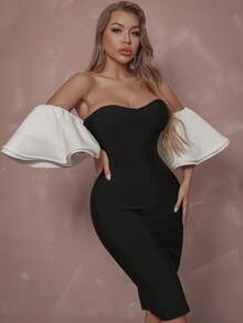 Off Shoulder Butterfly Sleeve Bandage Dress - Black - View 7