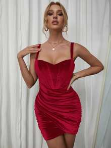 PARTHEA Ruched Velvet Bodycon Dress - Burgundy - View 3