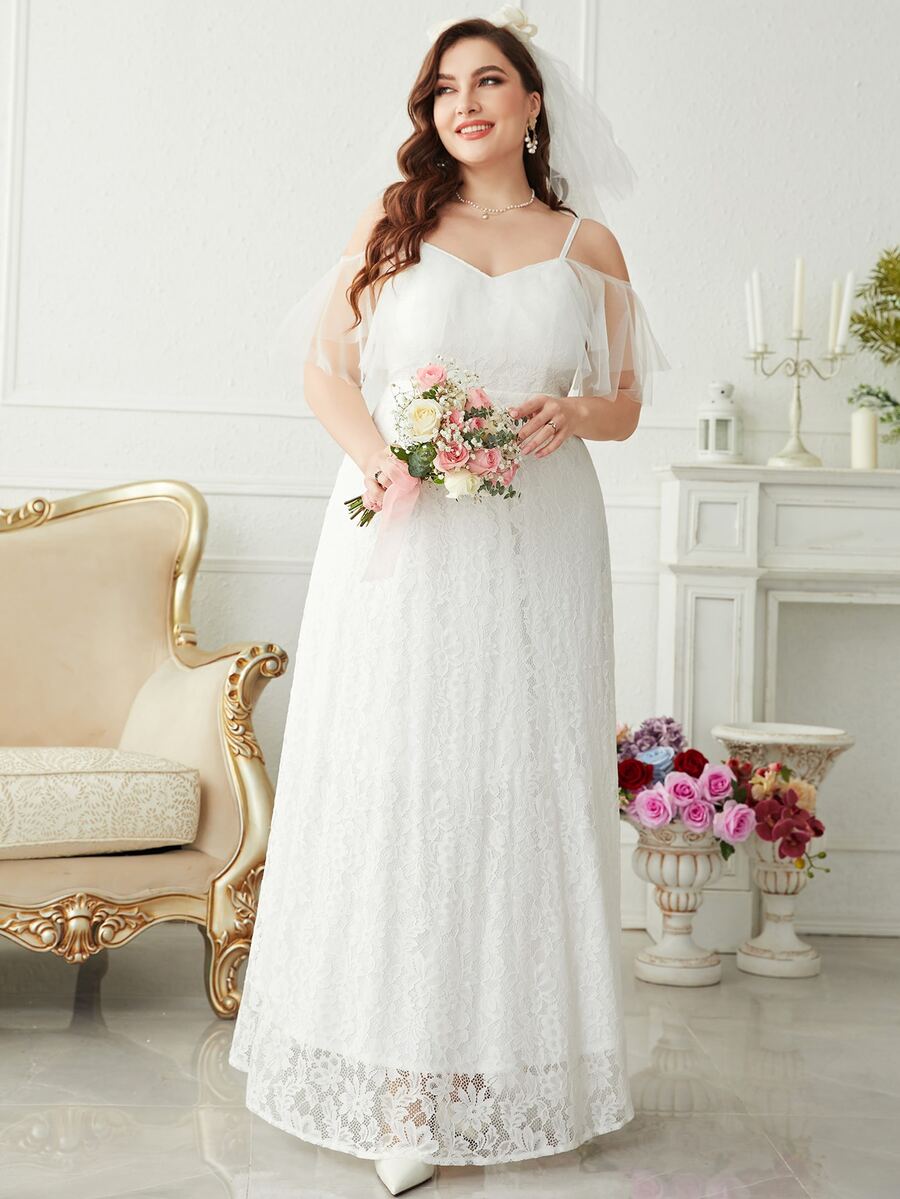 SHEIN Belle Plus Layered Mesh Sleeve Cold Shoulder Lace Wedding Dress - White - View 1
