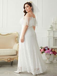 SHEIN Belle Plus Layered Mesh Sleeve Cold Shoulder Lace Wedding Dress - White - View 2
