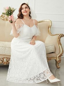 SHEIN Belle Plus Layered Mesh Sleeve Cold Shoulder Lace Wedding Dress - White - View 3