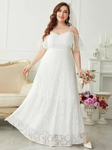 SHEIN Belle Plus Layered Mesh Sleeve Cold Shoulder Lace Wedding Dress - White - View 4