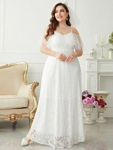 SHEIN Belle Plus Layered Mesh Sleeve Cold Shoulder Lace Wedding Dress - White - View 5