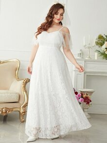 SHEIN Belle Plus Layered Mesh Sleeve Cold Shoulder Lace Wedding Dress - White - View 6