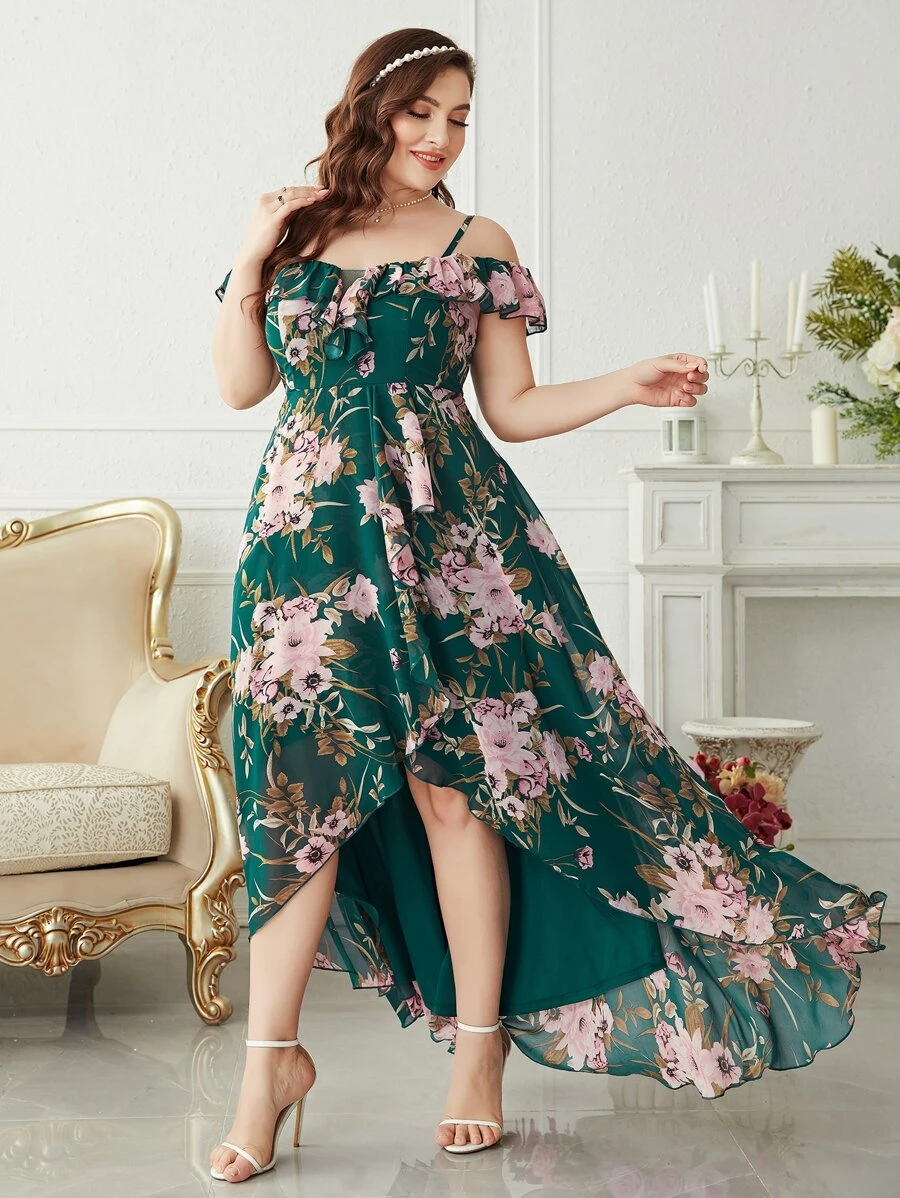 SHEIN Belle Váy phù dâu Plus Cao thấp Xù Trọn gói Hoa Tất cả trên in Hấp dẫn - Màu xanh lá cây đậm - Xem 1