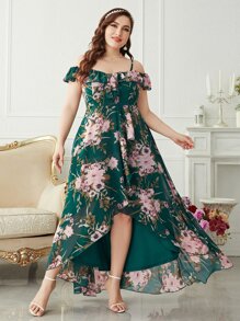 SHEIN Belle Váy phù dâu Plus Cao thấp Xù Trọn gói Hoa Tất cả trên in Hấp dẫn - Màu xanh lá cây đậm - Xem 3
