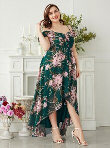 SHEIN Belle Váy phù dâu Plus Cao thấp Xù Trọn gói Hoa Tất cả trên in Hấp dẫn - Màu xanh lá cây đậm - Xem 5