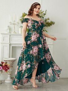 SHEIN Belle Váy phù dâu Plus Cao thấp Xù Trọn gói Hoa Tất cả trên in Hấp dẫn - Màu xanh lá cây đậm - Xem 6