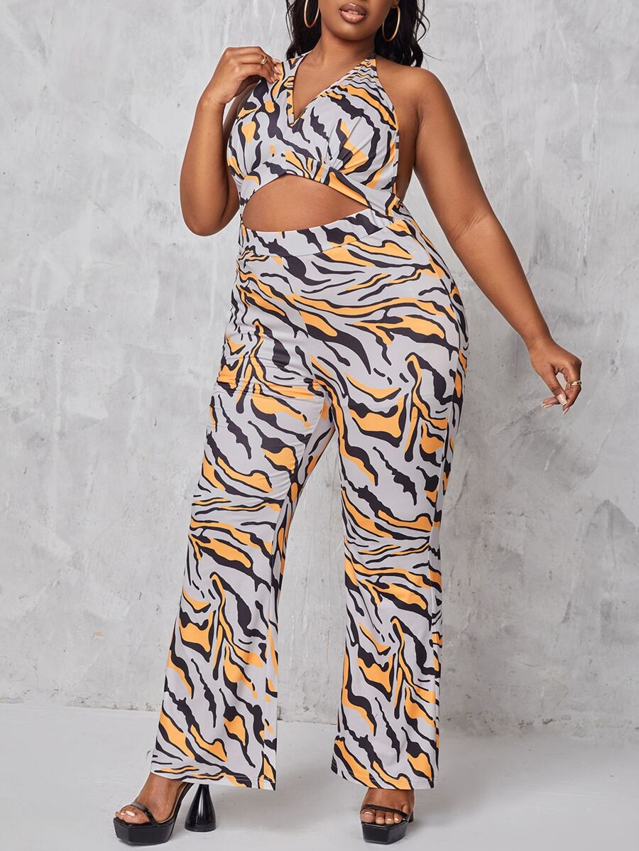 Maweii Plus All Over Print Cut Out Backless Halter Jumpsuit - Multicolor - View 1