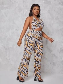 Maweii Plus All Over Print Cut Out Backless Halter Jumpsuit - Multicolor - View 3