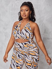 Maweii Plus All Over Print Cut Out Backless Halter Jumpsuit - Multicolor - View 4