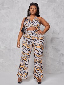 Maweii Plus All Over Print Cut Out Backless Halter Jumpsuit - Multicolor - View 5