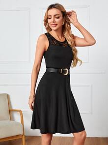 蕾絲拼接後拉鍊洋裝 - 黑色 - 查看 5