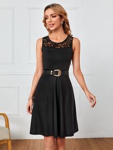 蕾絲拼接後拉鍊洋裝 - 黑色 - 查看 6