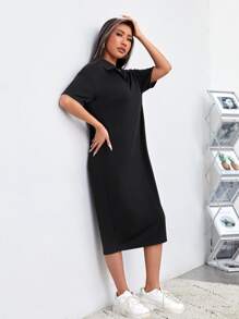 SHEIN EZwear Đầm màu trơn Giải trí - màu đen - Xem 4