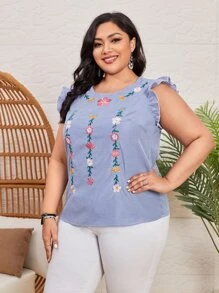 SHEIN Blusa de rayas con bordado floral fruncido - Azul - Ver 3
