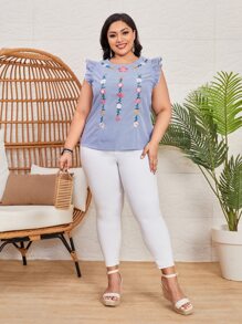 SHEIN Blusa de rayas con bordado floral fruncido - Azul - Ver 4