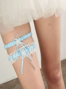 2pcs Lace Trim Decor Bridal Garter - Blue - View 1
