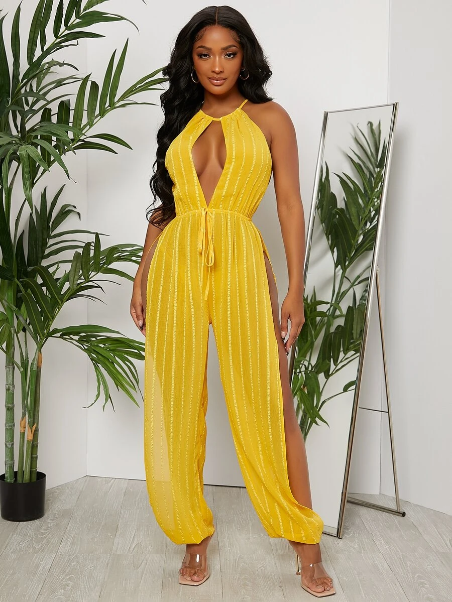 SHEIN SXY Cutout Tie Front Split Thigh Jumpsuit - Yellow - View 1