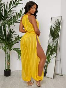 SHEIN SXY Cutout Tie Front Split Thigh Jumpsuit - Yellow - View 2
