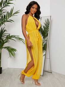 SHEIN SXY Cutout Tie Front Split Thigh Jumpsuit - Yellow - View 3