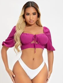 SHEIN SXY 結飾鏤空泡泡袖短款上衣 - 中紫紅色 - 查看 4